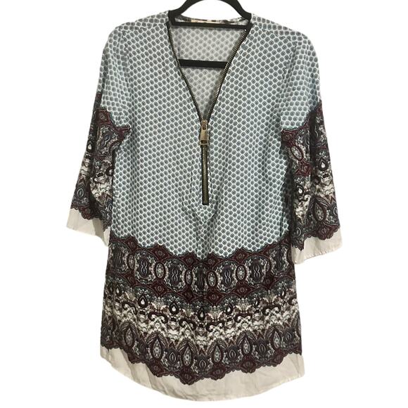 Vintage Pullover Tunic Top Batik Print V-Neck Zipper Blouse Blue Burgundy M/L - Picture 1 of 9
